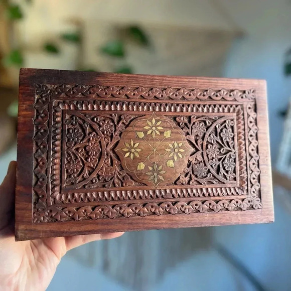 Hand-Carved Wooden Jewelry Box with Brass Inlay - 5x10” Made in India boho style - Picture 2 of 12